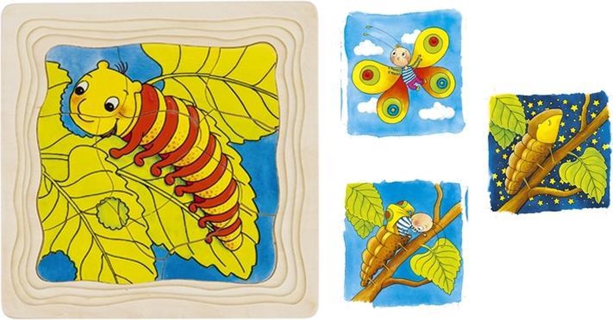 Goki vormenpuzzel 4 lagen Vlinder junior hout 44 stukjes - Bruin