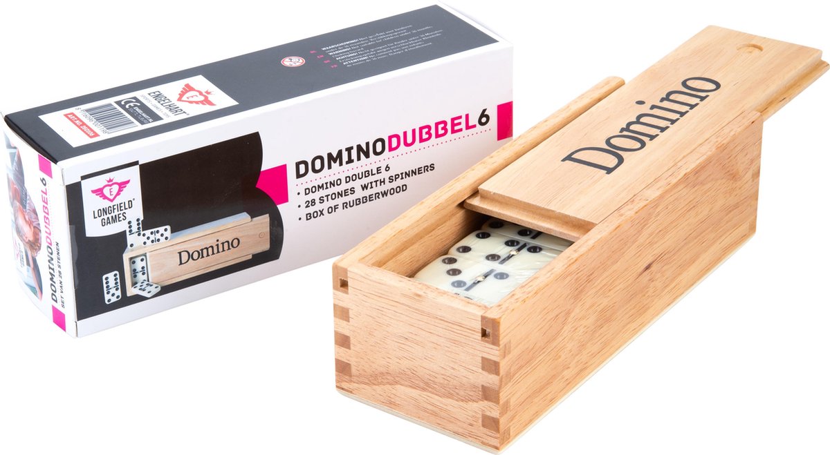 Longfield Games Domino Dubbel 6 junior hout 5 cm wit/zwart