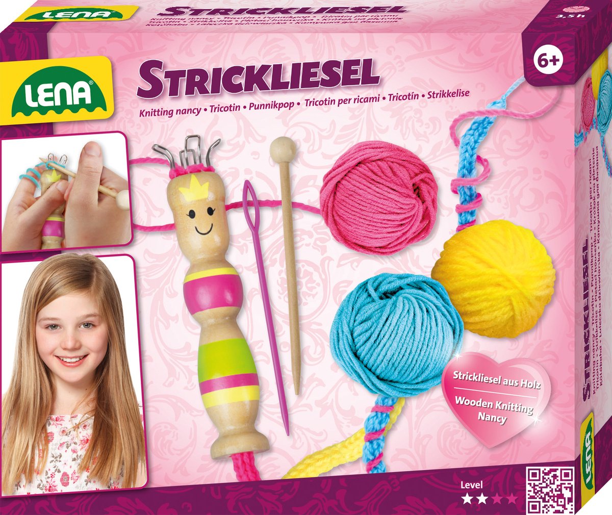 Lena punnikset meisjes hout/wol/geel/blauw 6 delig - Roze