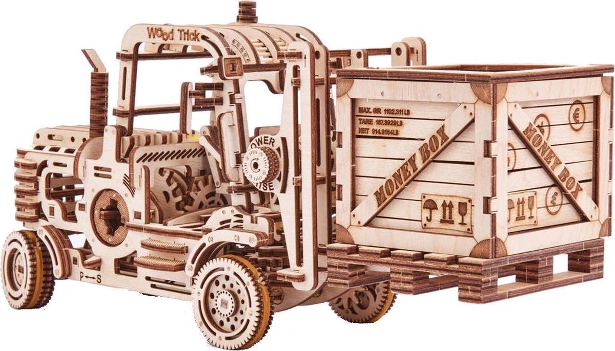 Wood Trick model heftruck met spaarpot hout 31,5 x 11,5 cm - Bruin