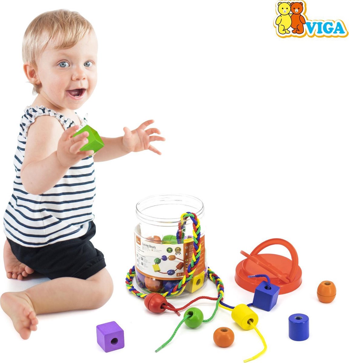 Viga Toys rijgkralen hout groot 30 stuks multicolor