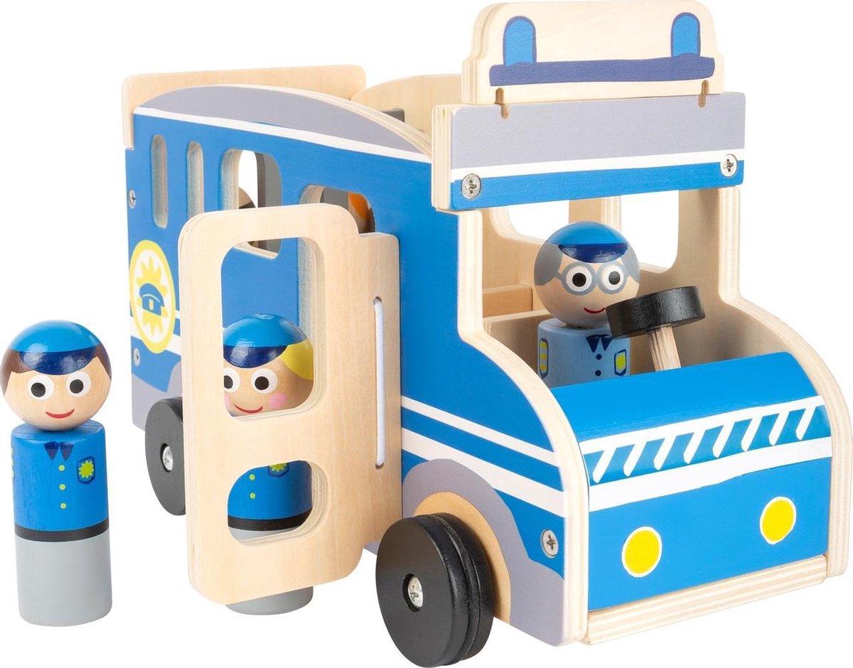 Small Foot politiebus XL hout jongens 30 cm 6 delig - Blauw