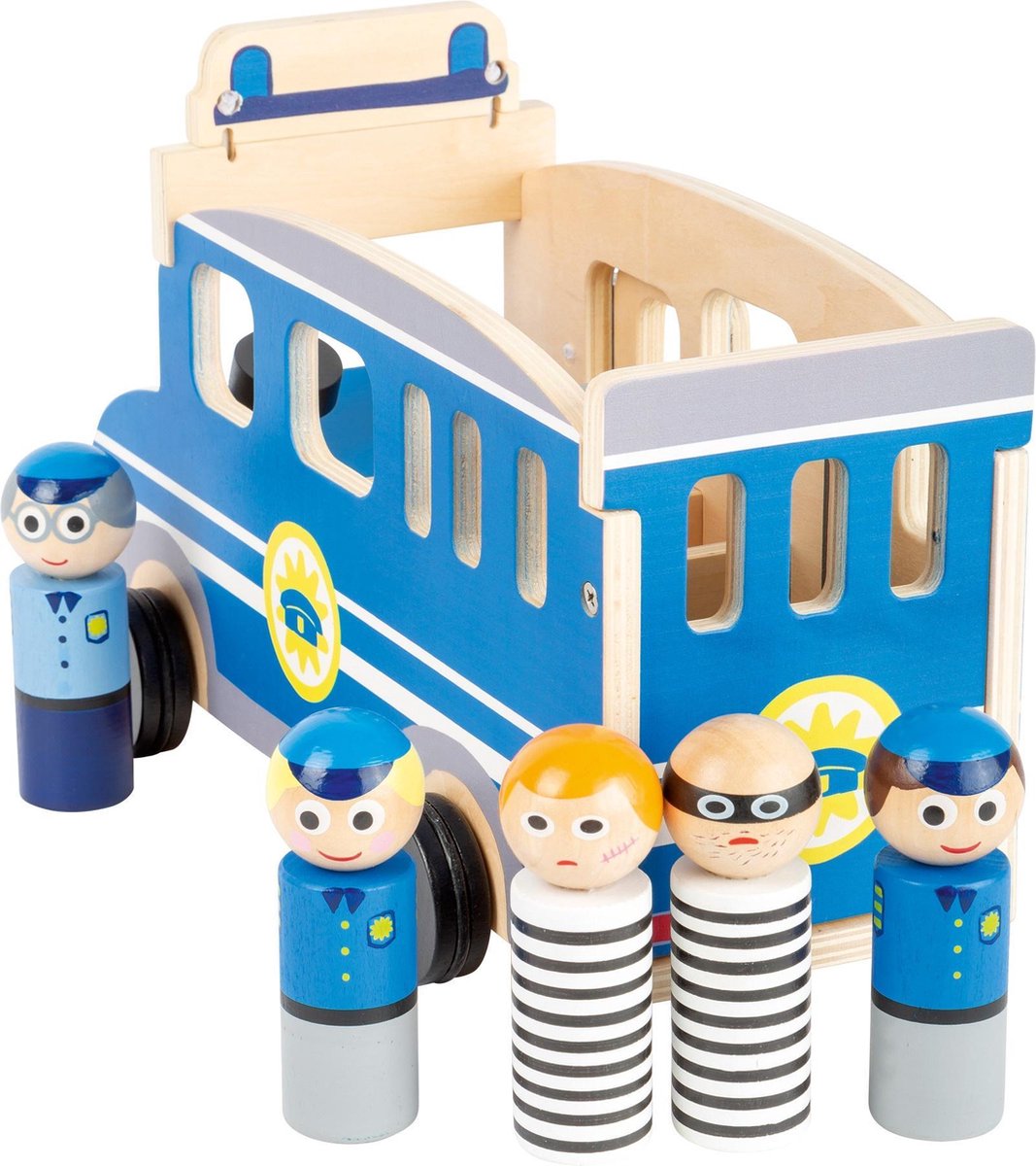 Small Foot politiebus XL hout jongens 30 cm 6 delig - Blauw
