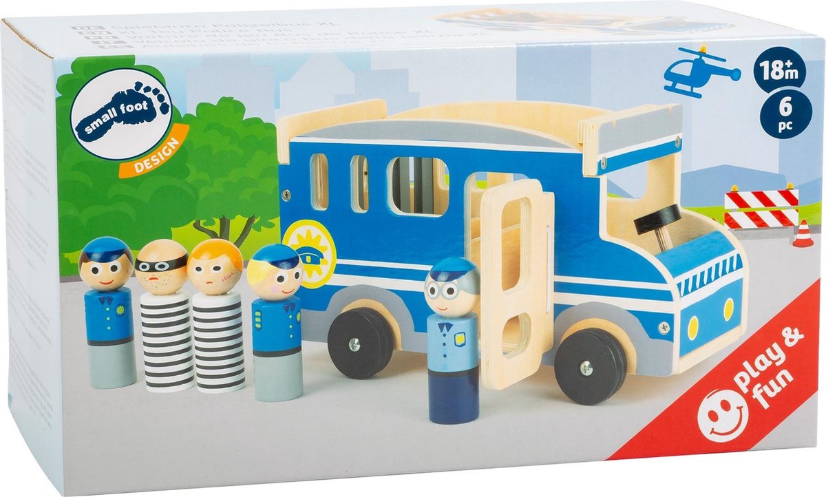 Small Foot politiebus XL hout jongens 30 cm 6 delig - Blauw