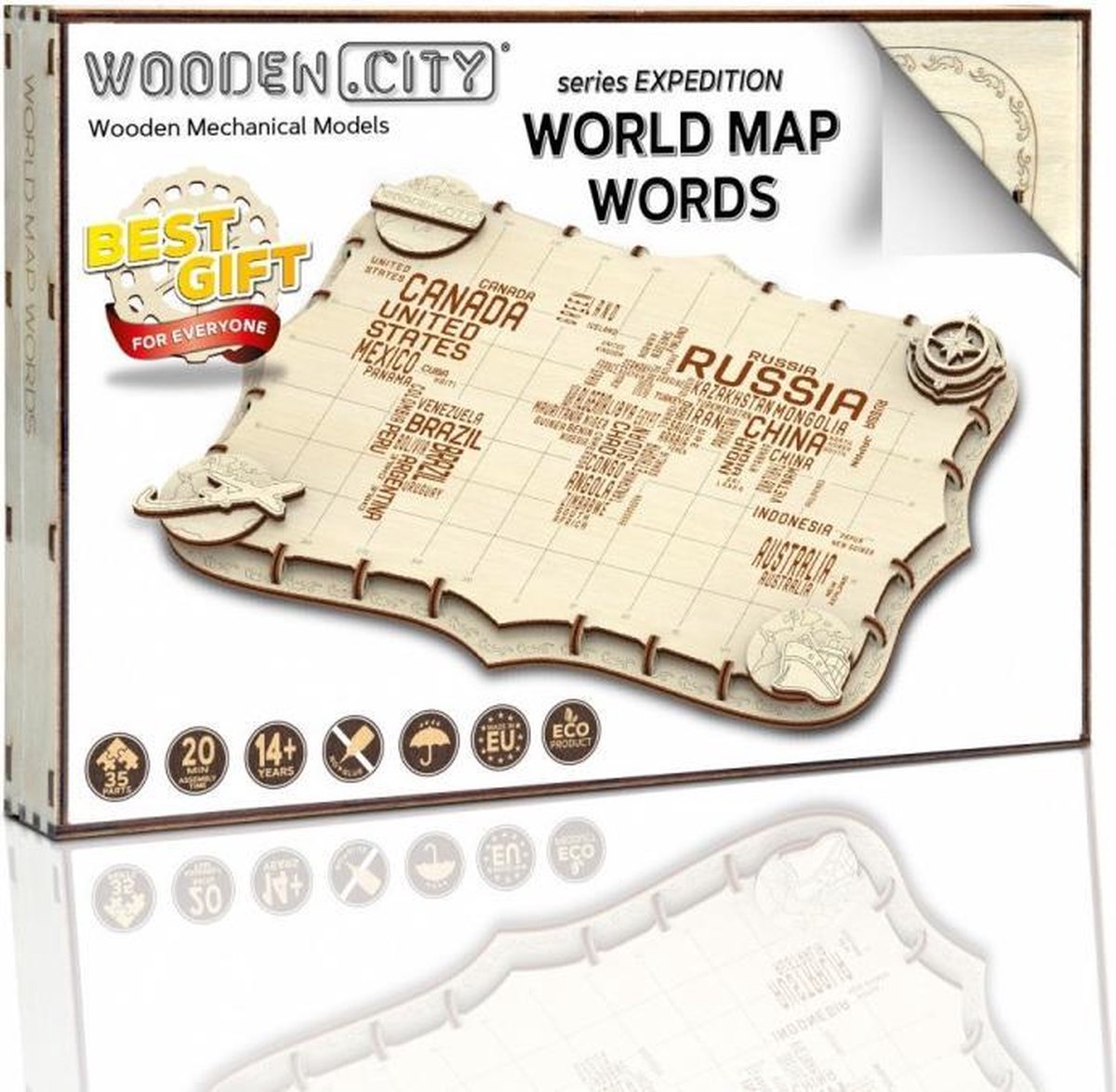 Wooden City 3D puzzel Wereldkaart 34 x 23 x 2 cm hout - Bruin