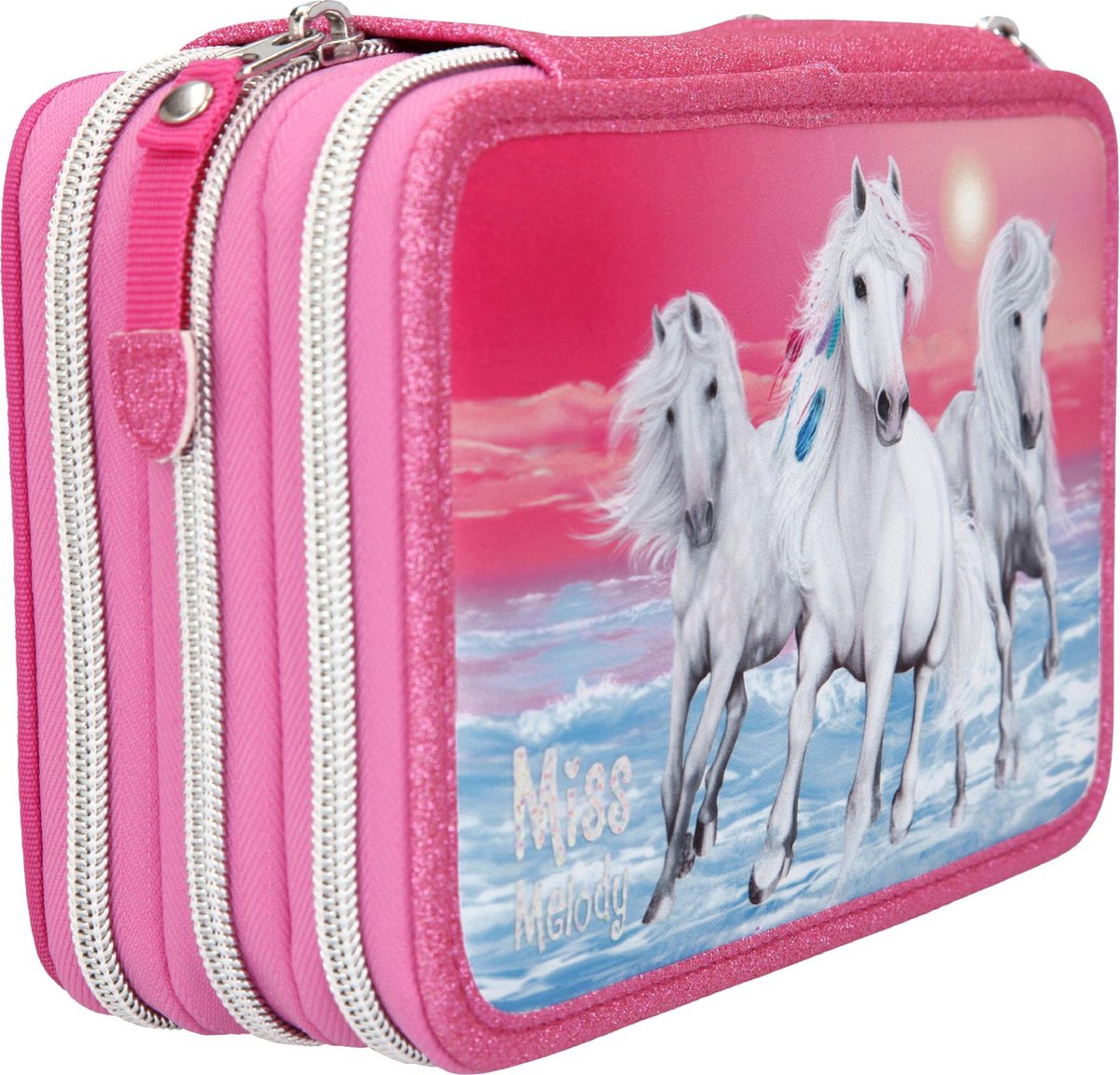 Miss Melody etui glitter 3 vaks 20 cm polyester 44 delig - Roze