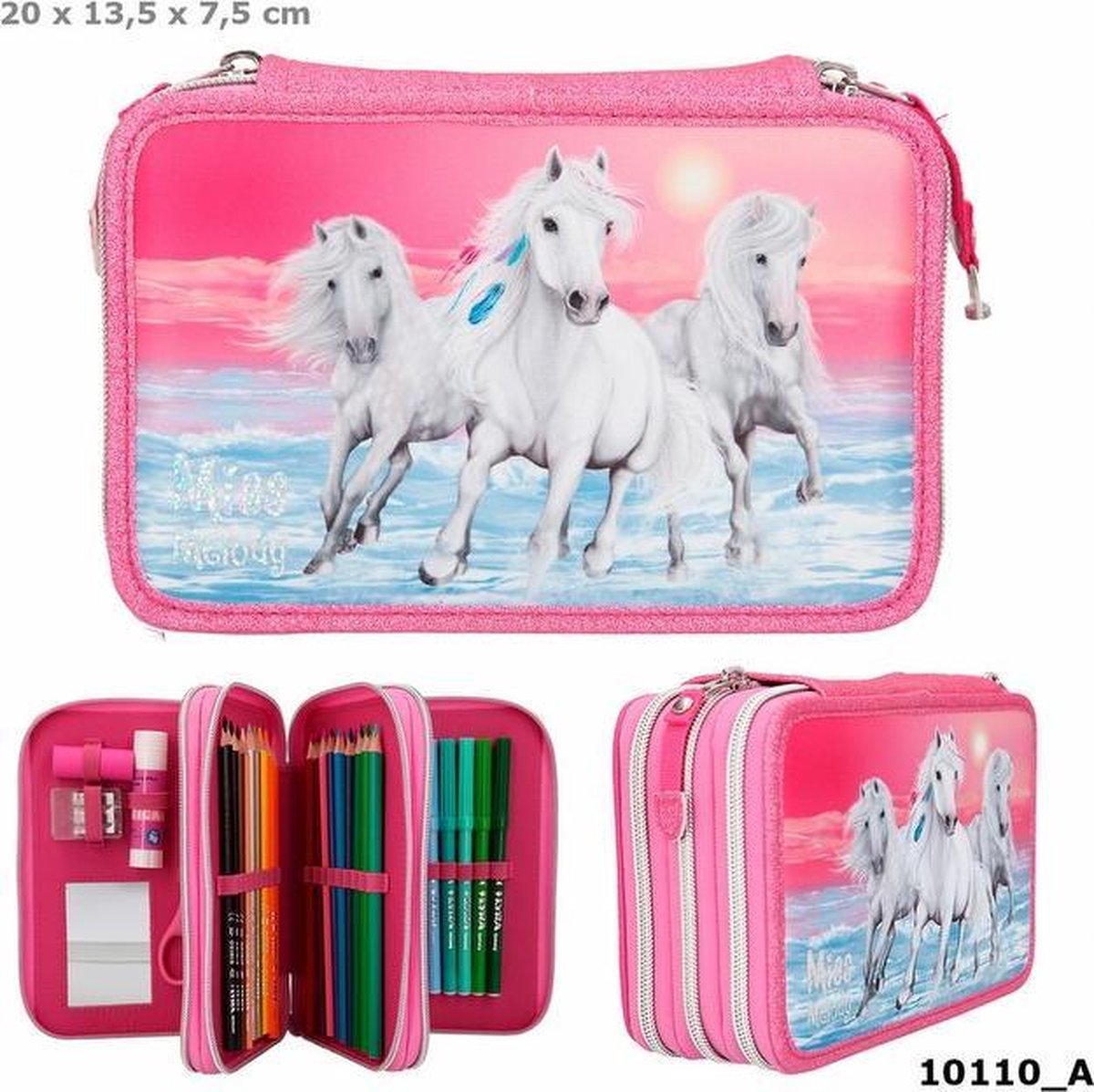 Miss Melody etui glitter 3 vaks 20 cm polyester 44 delig - Roze