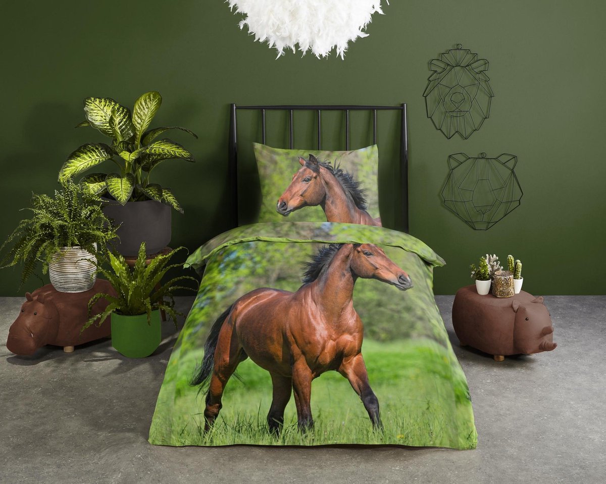 Good Morning dekbedovertrek Horse 140 x 220 cm katoen - Groen