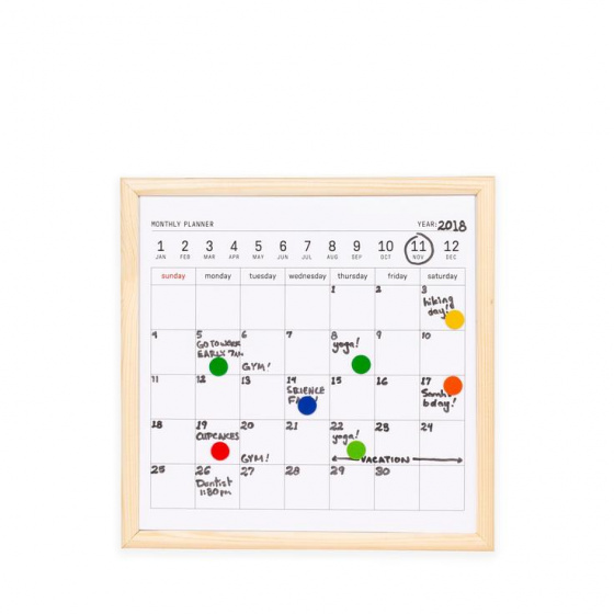 Kikkerland memobord kalender 34,5 x 41,5 cm staal/hout - Blanco