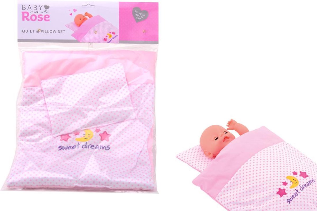 Johntoy baby Rose poppendeken en kussen set - Roze