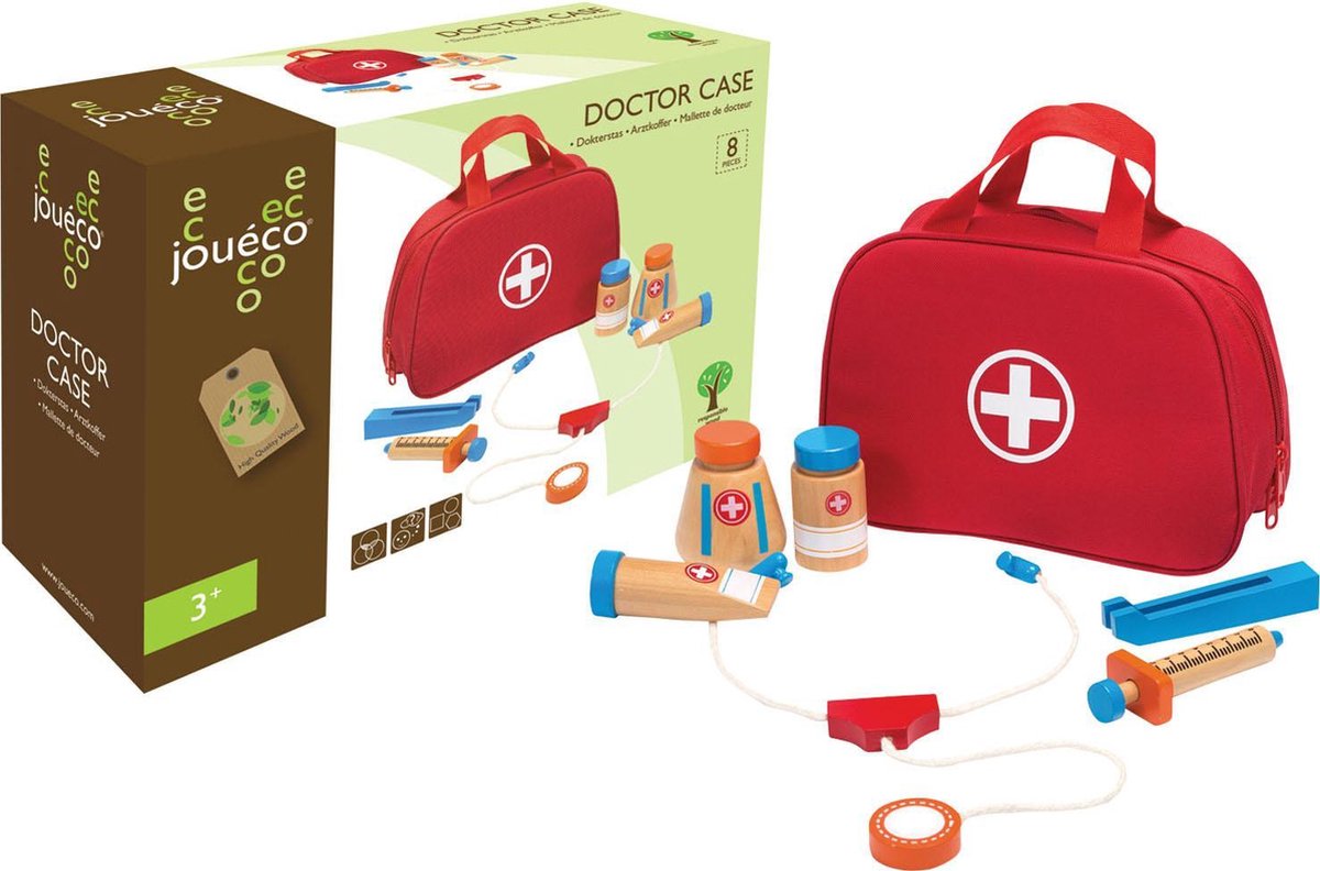 Joueco Jouéco dokterstas met houten accessoires 11 delig - Rood