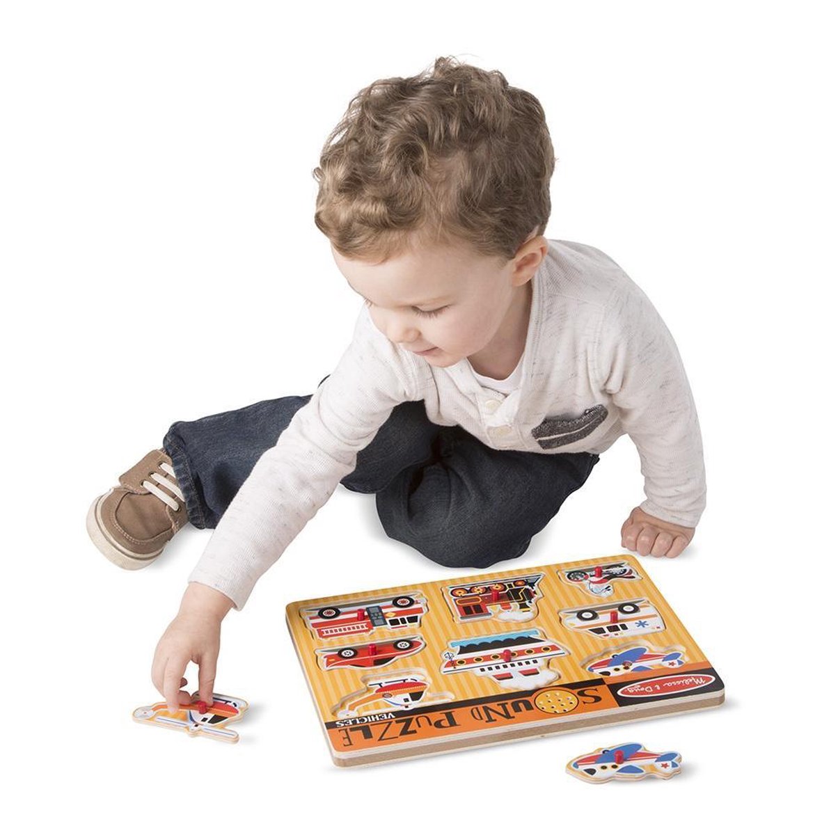 Melissa & Doug vormenpuzzel met geluid voertuigen 8 stukjes - Geel