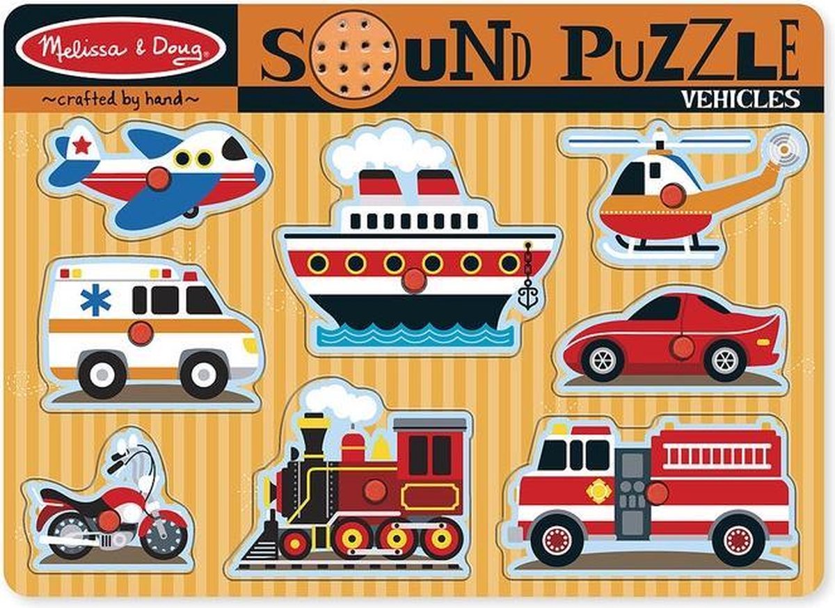 Melissa & Doug vormenpuzzel met geluid voertuigen 8 stukjes - Geel