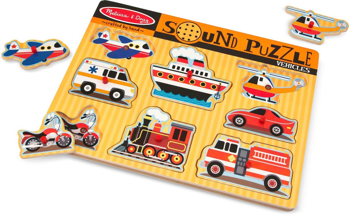 Melissa & Doug vormenpuzzel met geluid voertuigen 8 stukjes - Geel