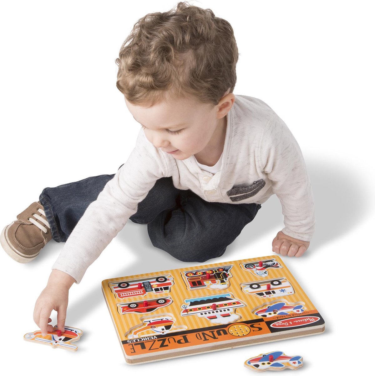 Melissa & Doug vormenpuzzel met geluid voertuigen 8 stukjes - Geel