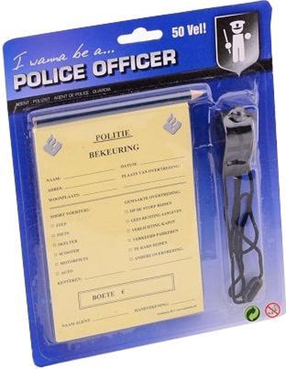 Johntoy bonnenboekje politie met potlood en fluit 15 cm NL - Blauw