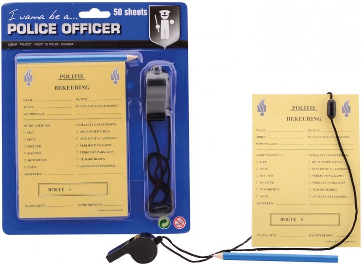 Johntoy bonnenboekje politie met potlood en fluit 15 cm NL - Blauw