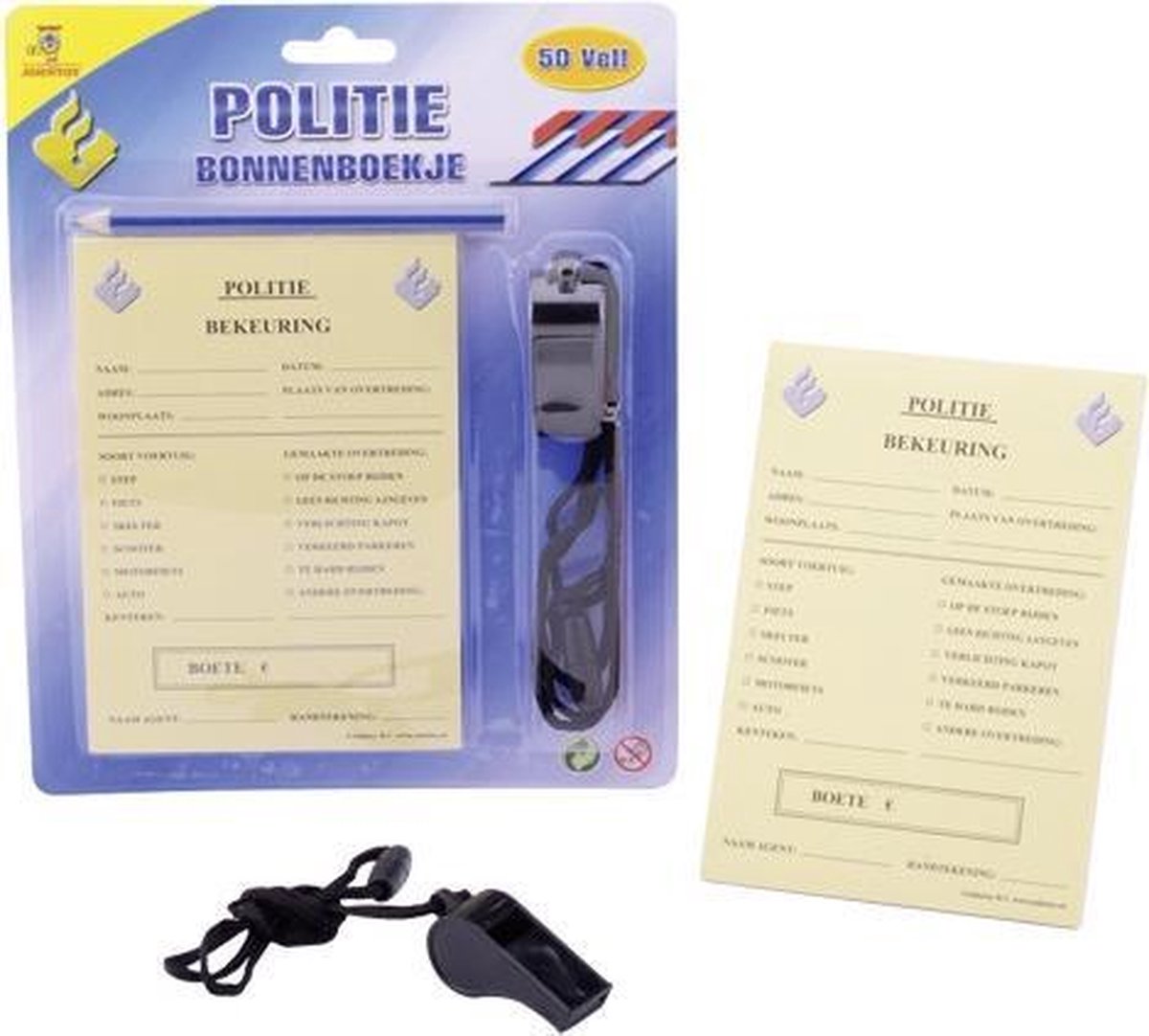Johntoy bonnenboekje politie met potlood en fluit 15 cm NL - Blauw