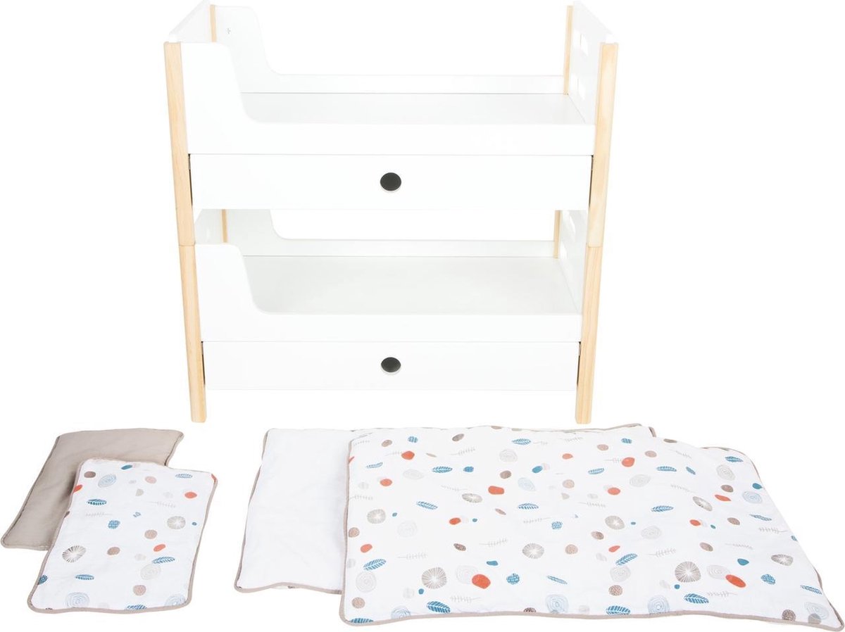 Small Foot poppenstapelbed en beddengoed 50 cm hout wit/beige