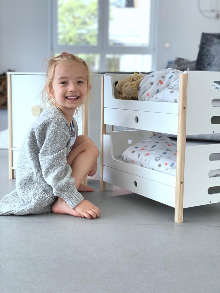 Small Foot poppenstapelbed en beddengoed 50 cm hout wit/beige