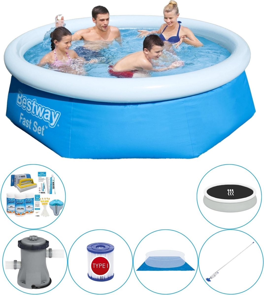 Bestway Fast Set Rond 244x66 Cm - Zwembad Combinatie Pakket - Blauw