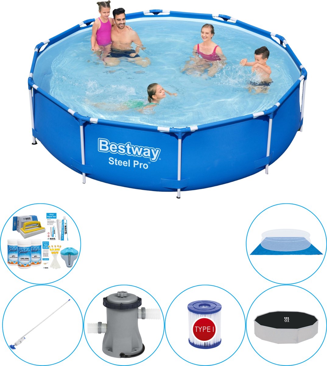 Bestway Zwembad Combinatie Pakket - Steel Pro Rond 305x76 Cm - Blauw