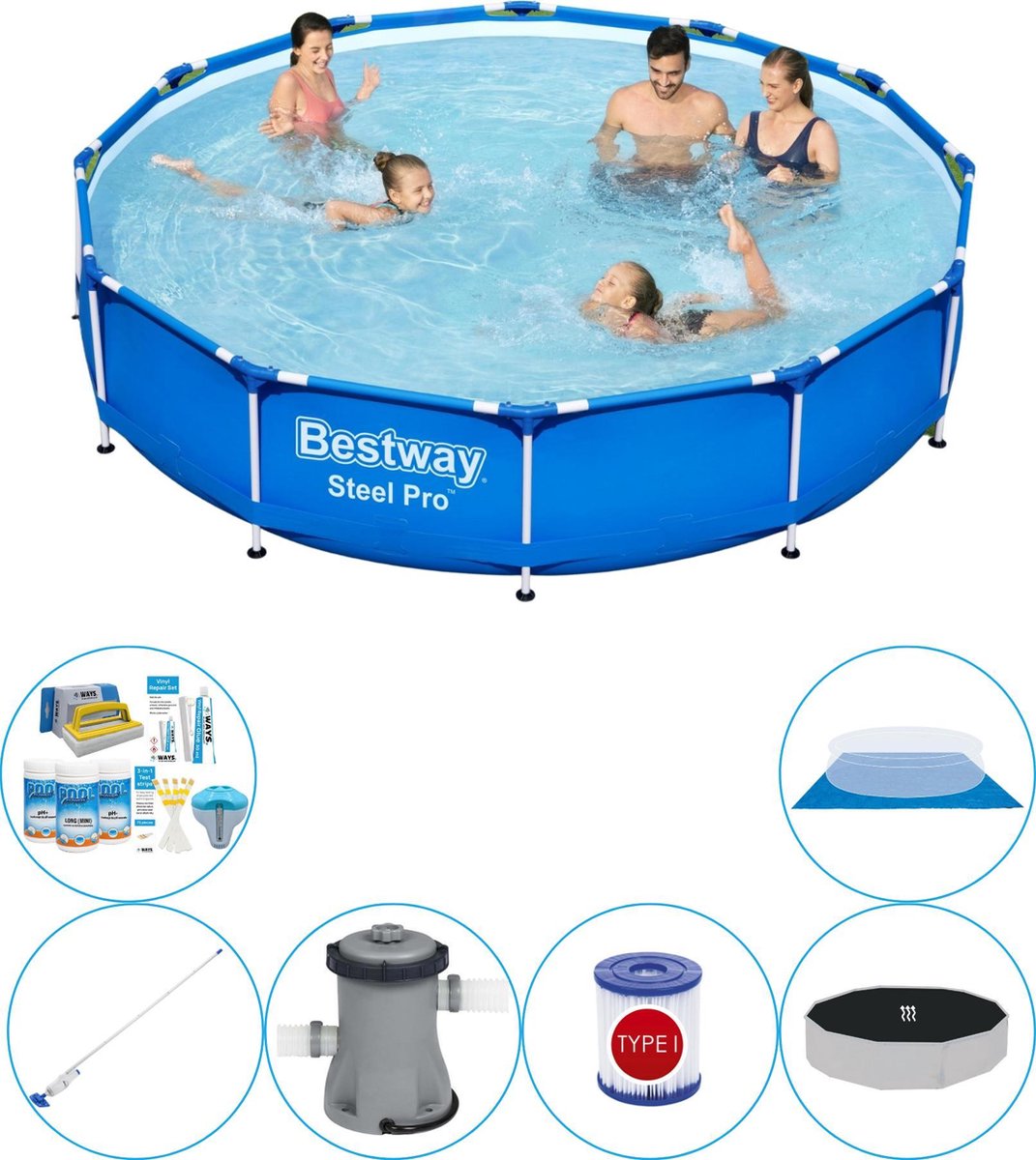 Bestway Zwembad Combinatie Pakket - Steel Pro Rond 366x76 Cm - Blauw