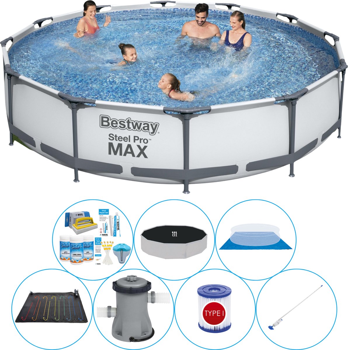 Bestway Steel Pro Max Rond 366x76 Cm - Zwembad Comfort Pakket - Grijs