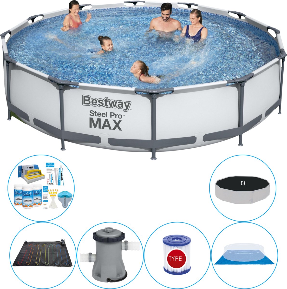 Bestway Steel Pro Max Rond 366x76 Cm - Zwembad Combinatie Deal - Grijs