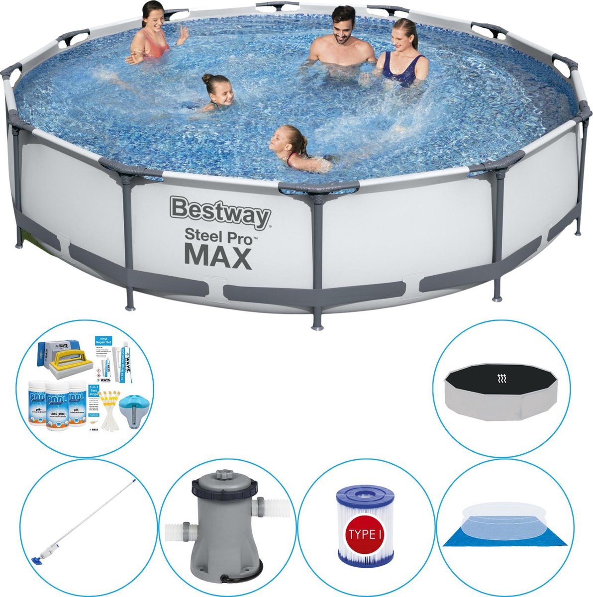 Bestway Bestway Steel Pro Max Rond 366x76 Cm - Zwembad Combinatie Pakket - Grijs