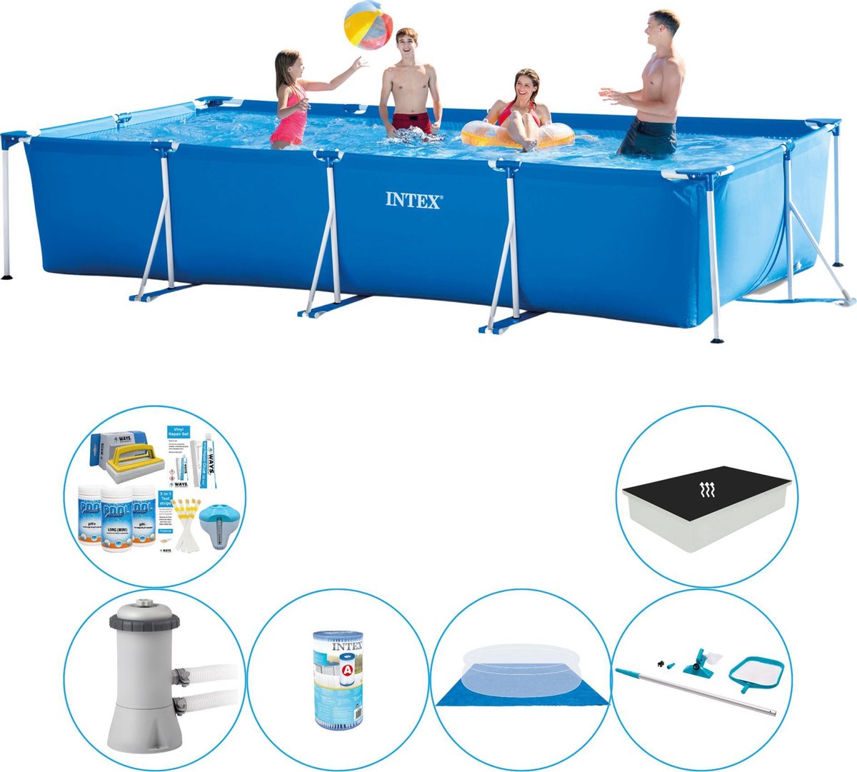 Intex Frame Pool Rechthoekig 450x220x84 Cm - Zwembad Combinatie Deal - Blauw