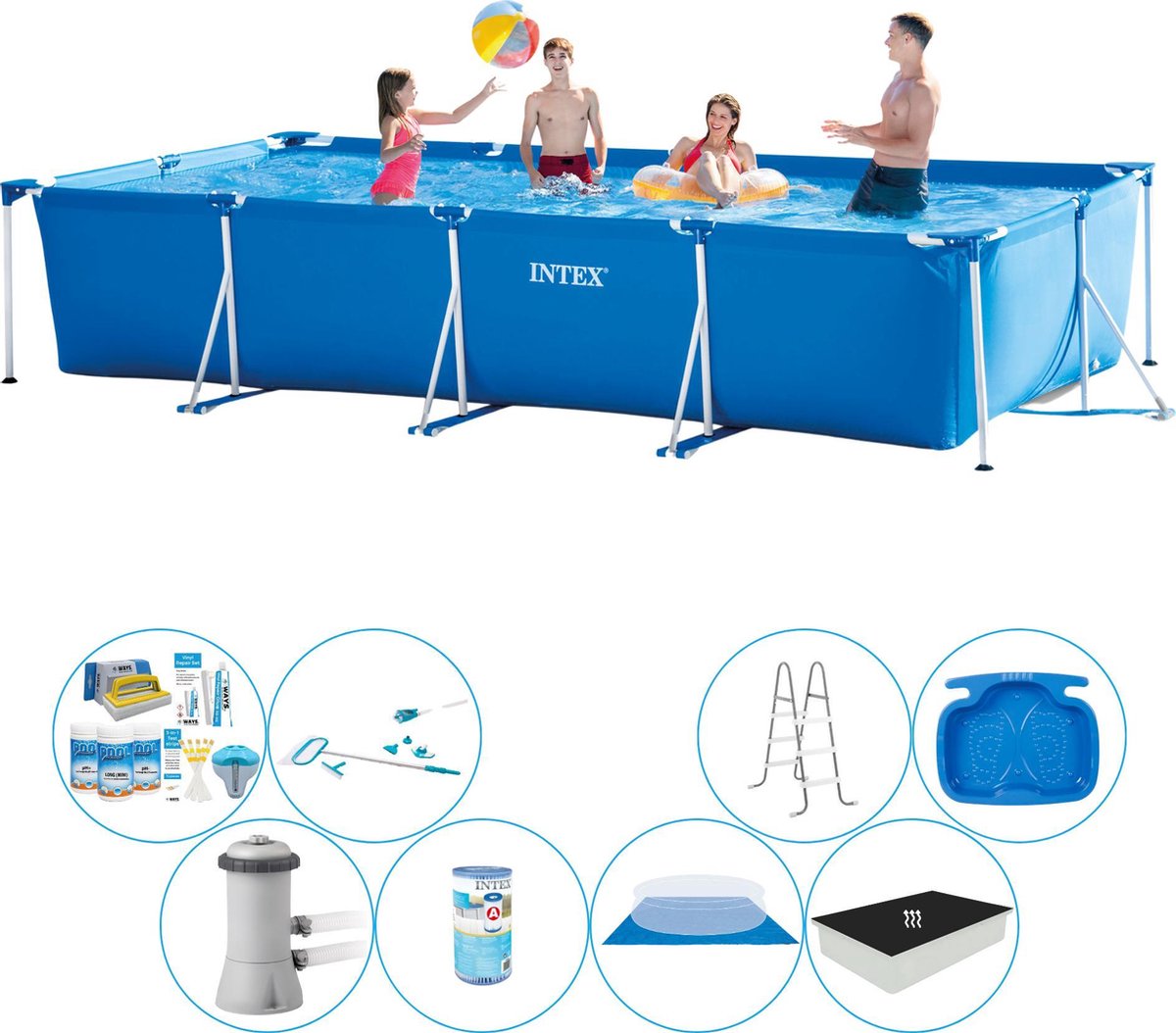 Intex Frame Pool Rechthoekig 450x220x84 Cm - Deluxe Zwembad Deal - Blauw