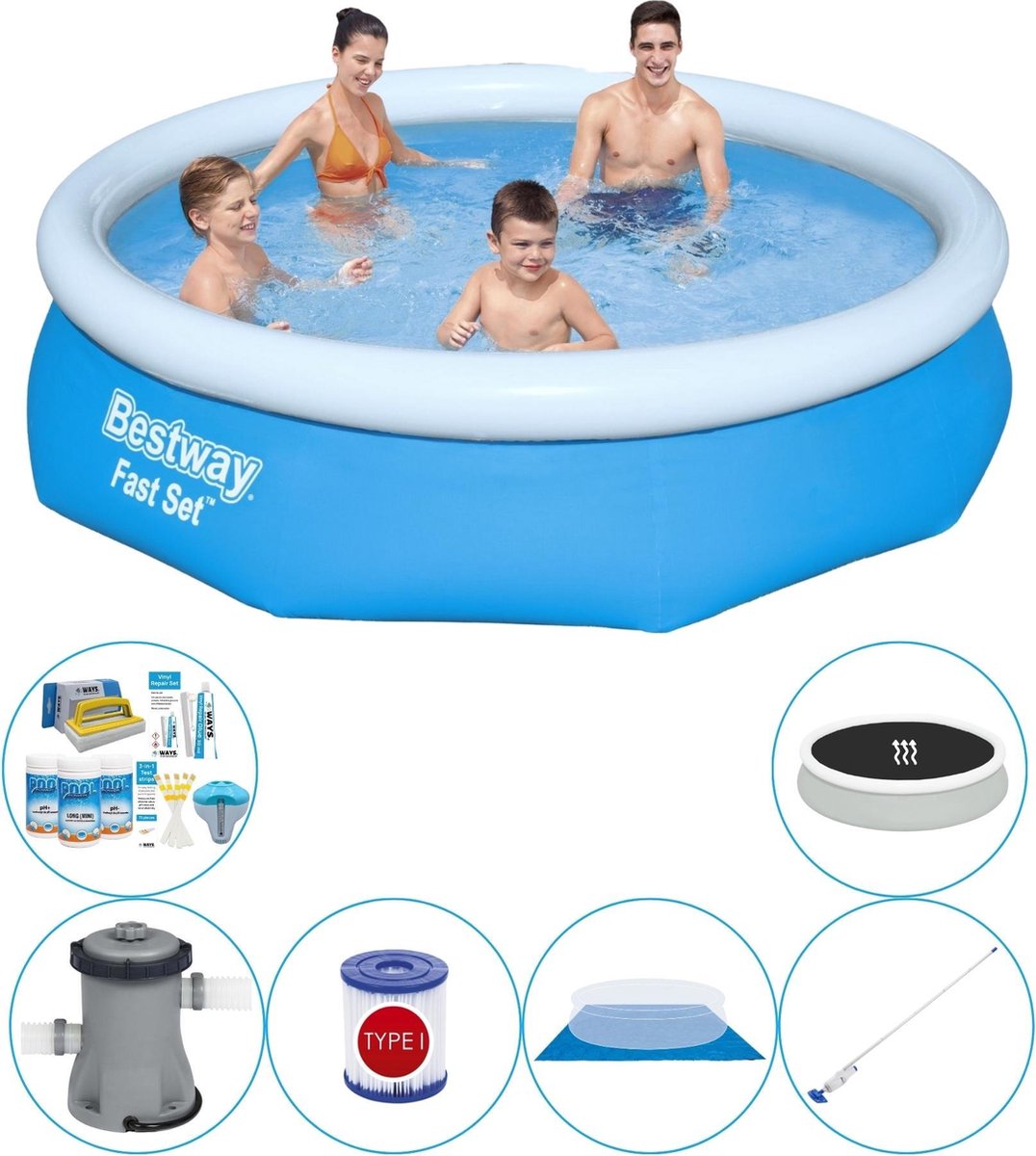 Bestway Fast Set Rond 305x76 Cm - Zwembad Combinatie Pakket - Blauw