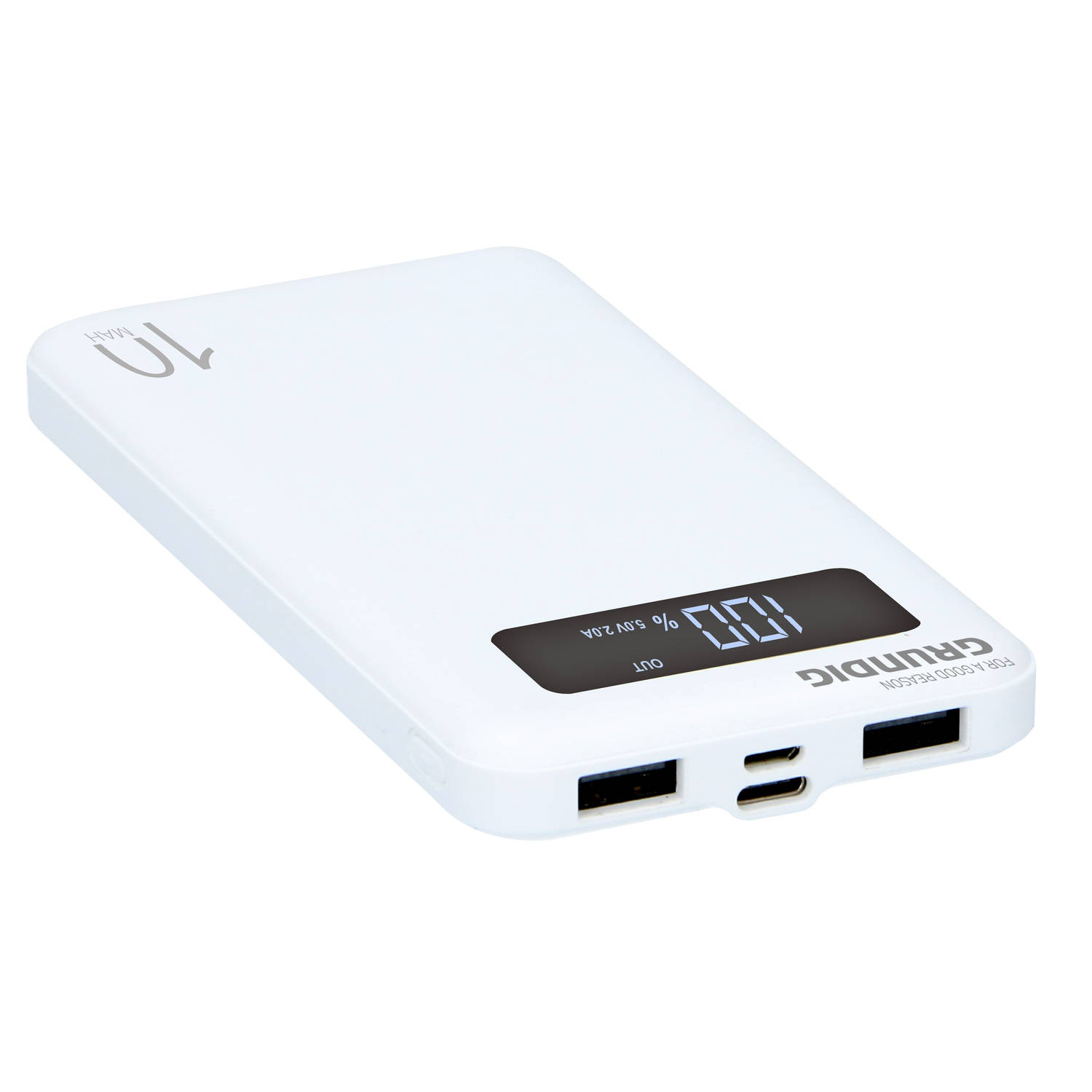 Grundig Powerbank - 10000mah - 2x Usb - Led-display - Met Usb-kabel - Wit