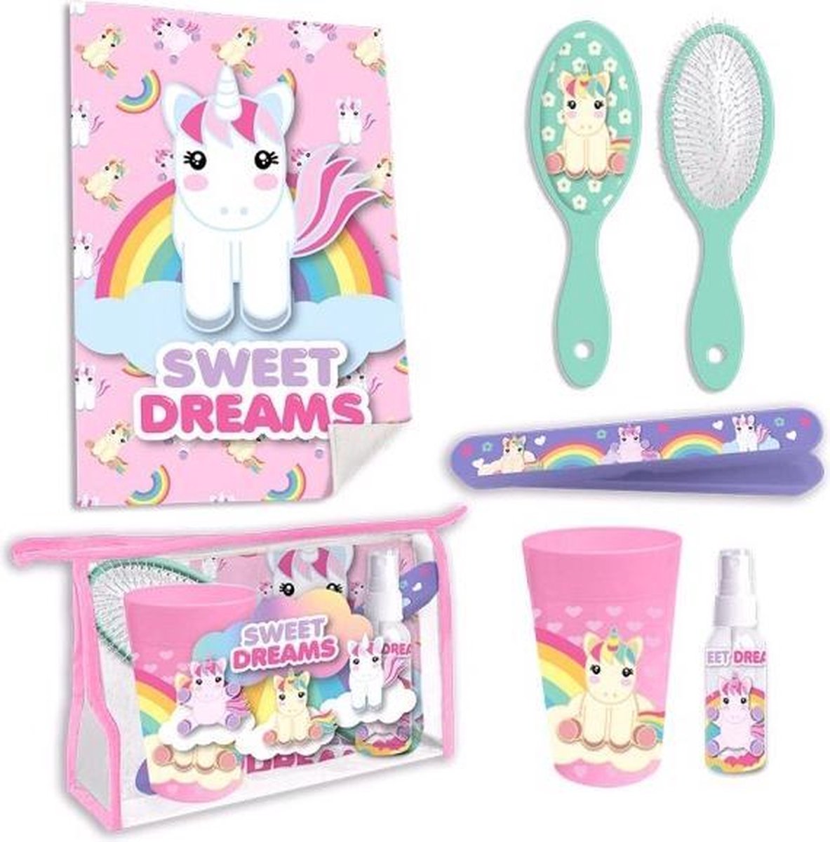 Sweet Dreams toilettas eenhoorn meisjes 23 x 15 cm 6 delig - Roze