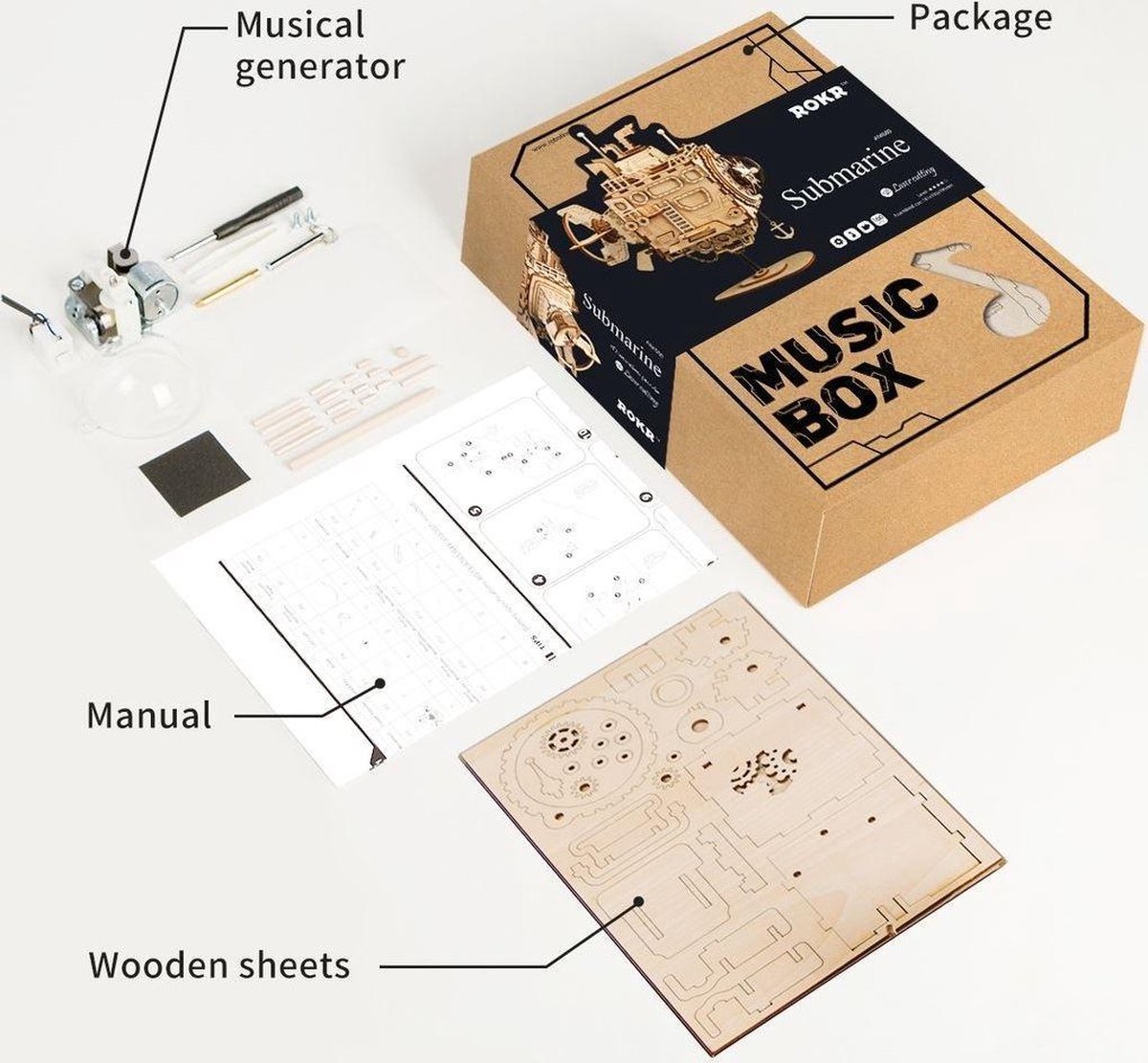 Robotime DIY muziekdoosje houten onderzeeër 160 delig - Bruin