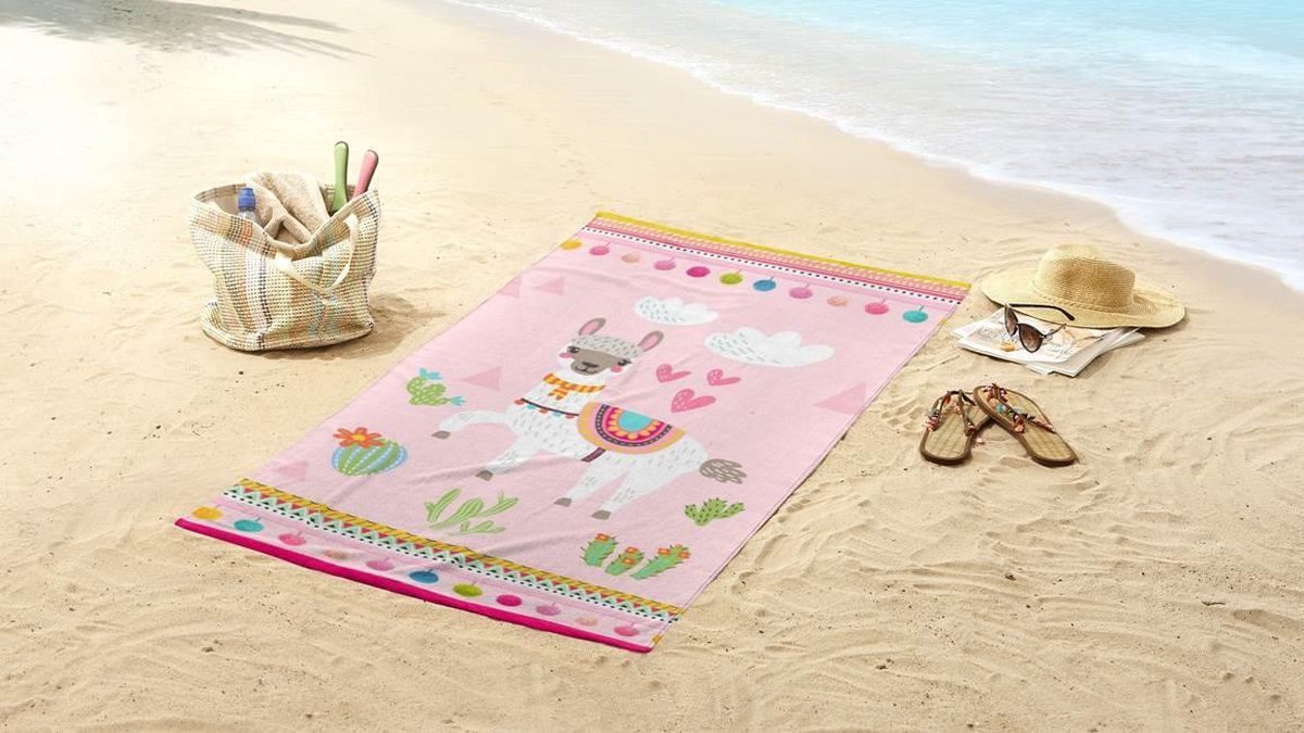 Good Morning strandlaken Lama junior 150 x 75 cm katoen - Roze