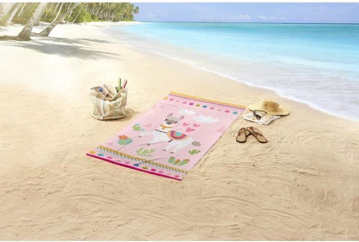 Good Morning strandlaken Lama junior 150 x 75 cm katoen - Roze