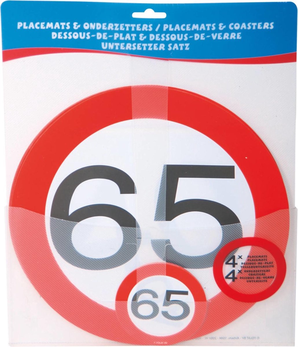 Feestbazaar Folat placemat/onderzetter set verkeersbord 65/wit 8 delig - Rood