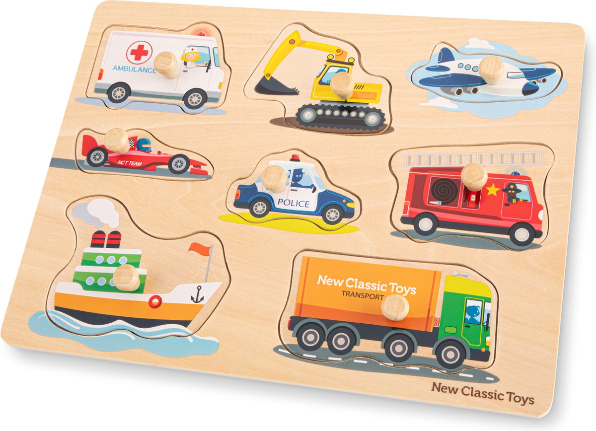New Classic Toys vormenpuzzel voertuigen junior hout 9 delig