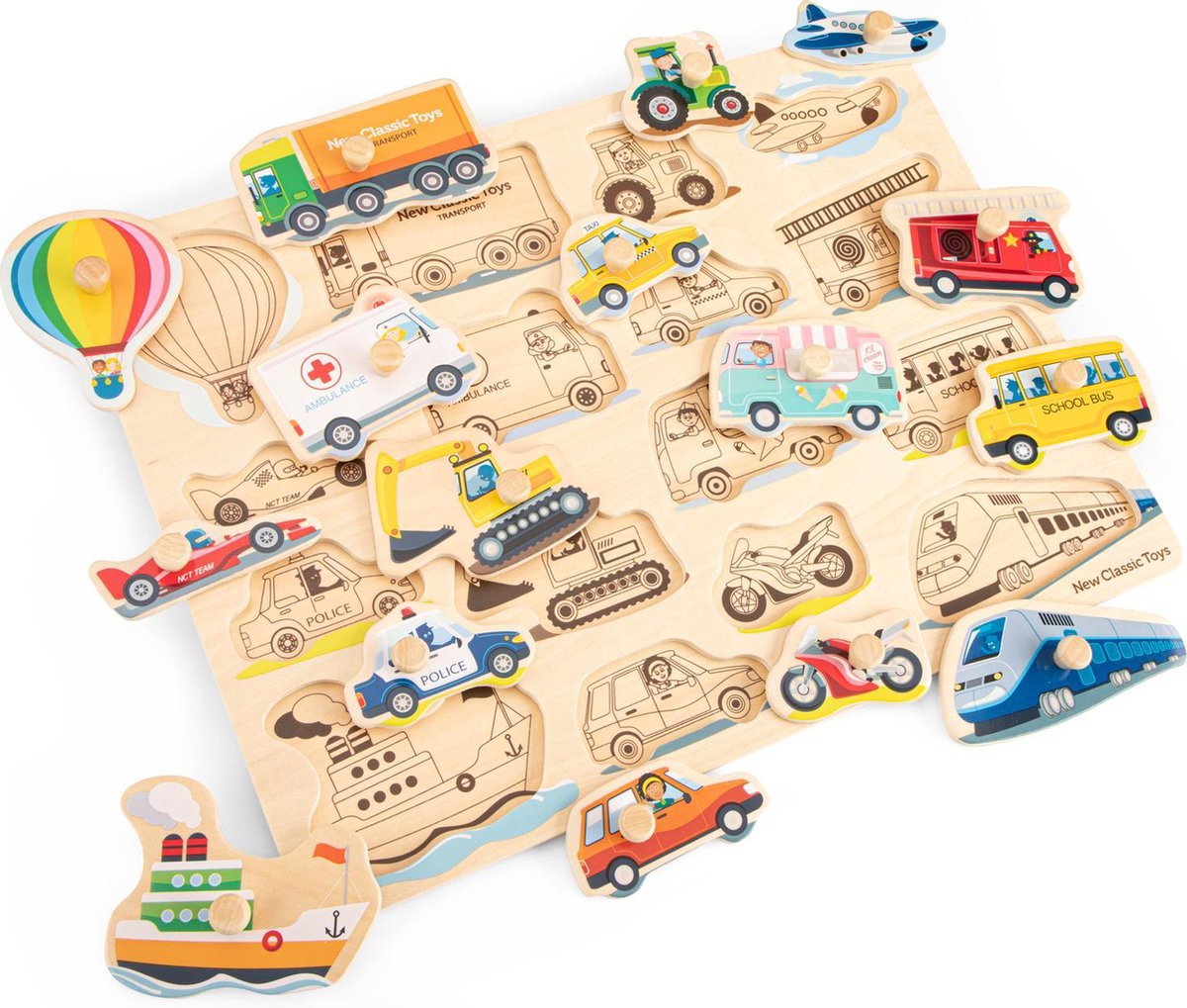 New Classic Toys vormenpuzzel voertuigen junior hout 16 delig