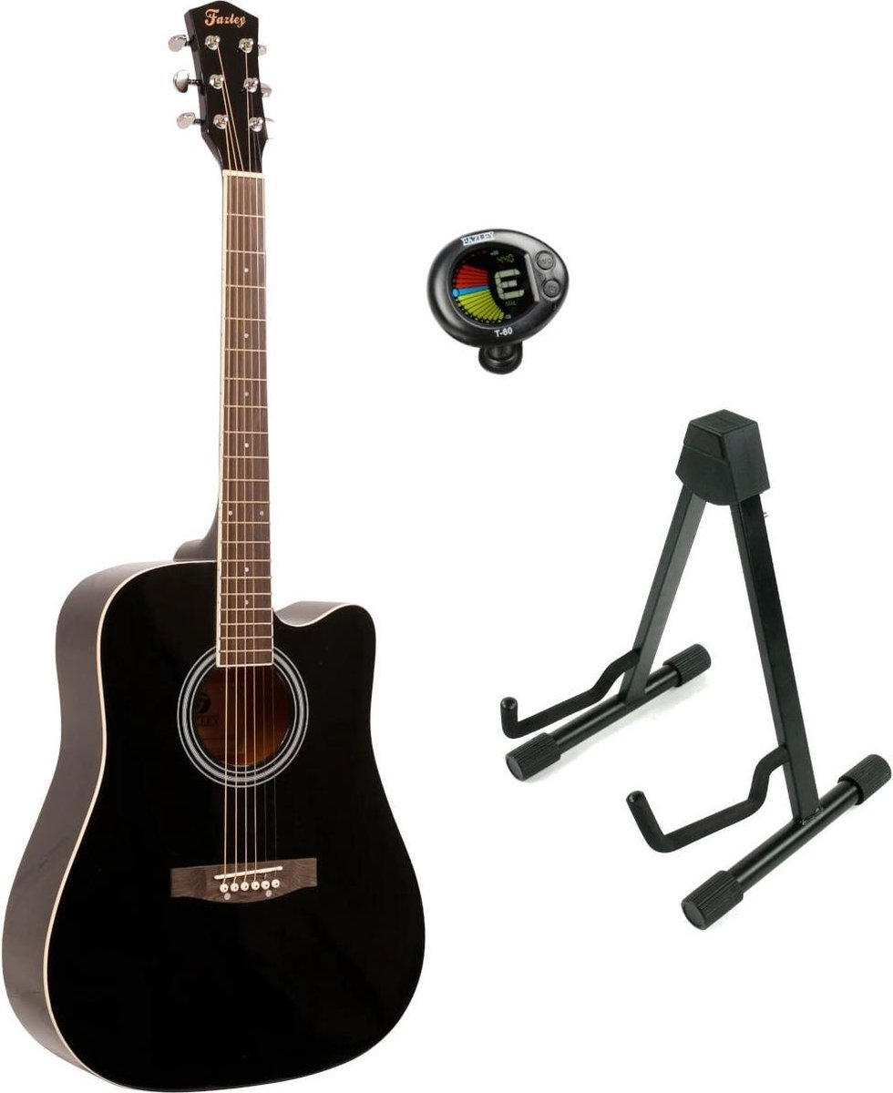 Fazley W40-BK akoestische western gitaar zwart + statief + stemapparaat
