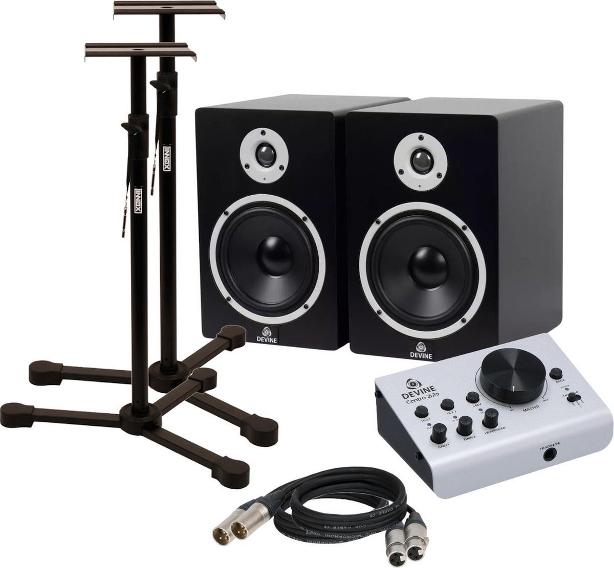 Devine Centro 2i2o studiomonitoren met aansluitkabels