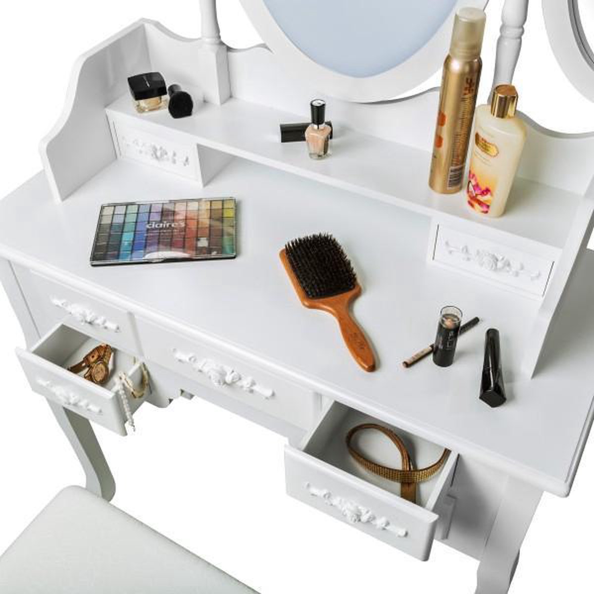 Tectake Tocador estilo clásico con 7 cajones, espejo y taburete, - Wit