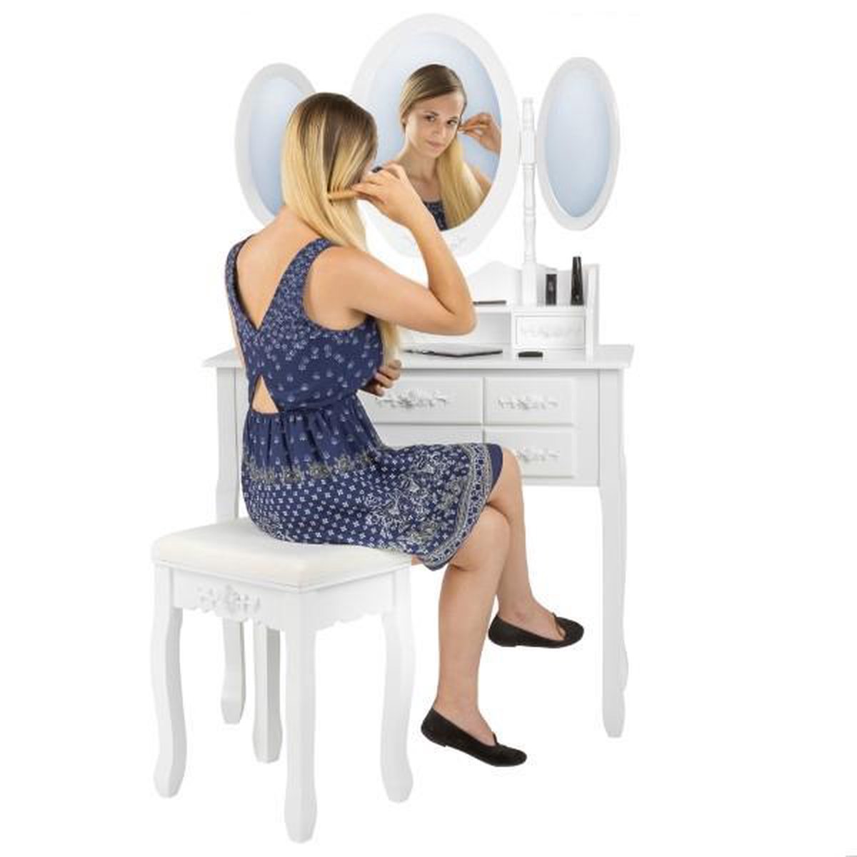 Tectake Tocador estilo clásico con 7 cajones, espejo y taburete, - Wit