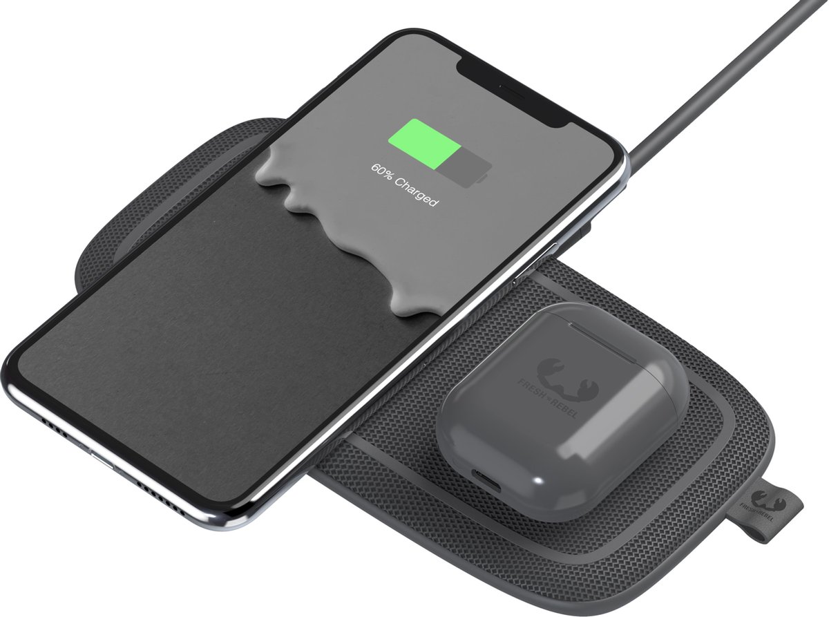 FRESH 'N REBEL Base Duo 10 Watt Double Wireless Charging Pad met Poweradapter 30 Watt Donkergrijs