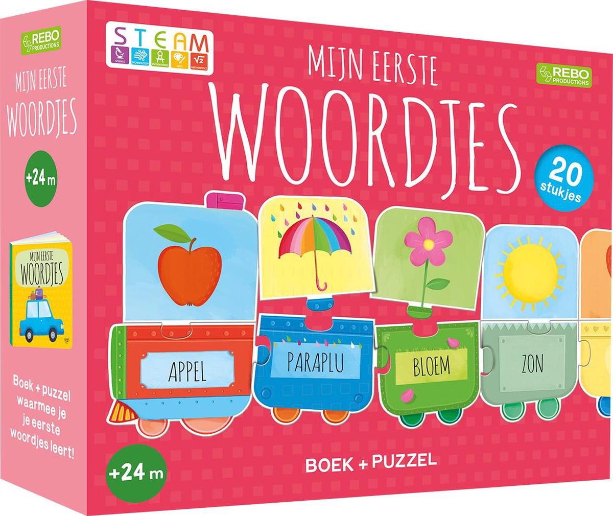 Rebo Productions Puzzeltrein 20 stukjes en boek - Mijn eerste woordjes - Rood