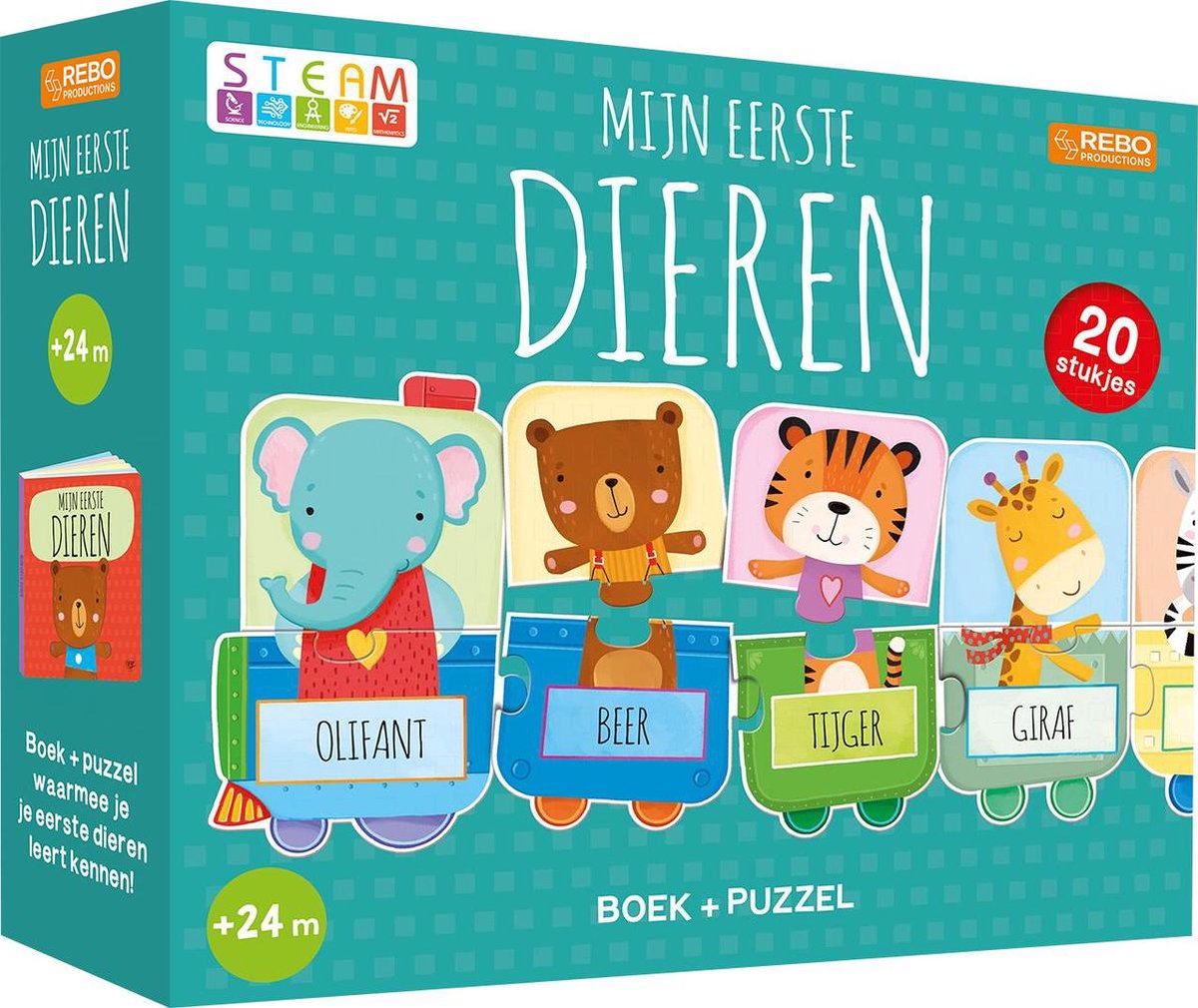 Rebo Productions Puzzeltrein 20 stukjes en boek - Mijn eerste dieren - Turquoise