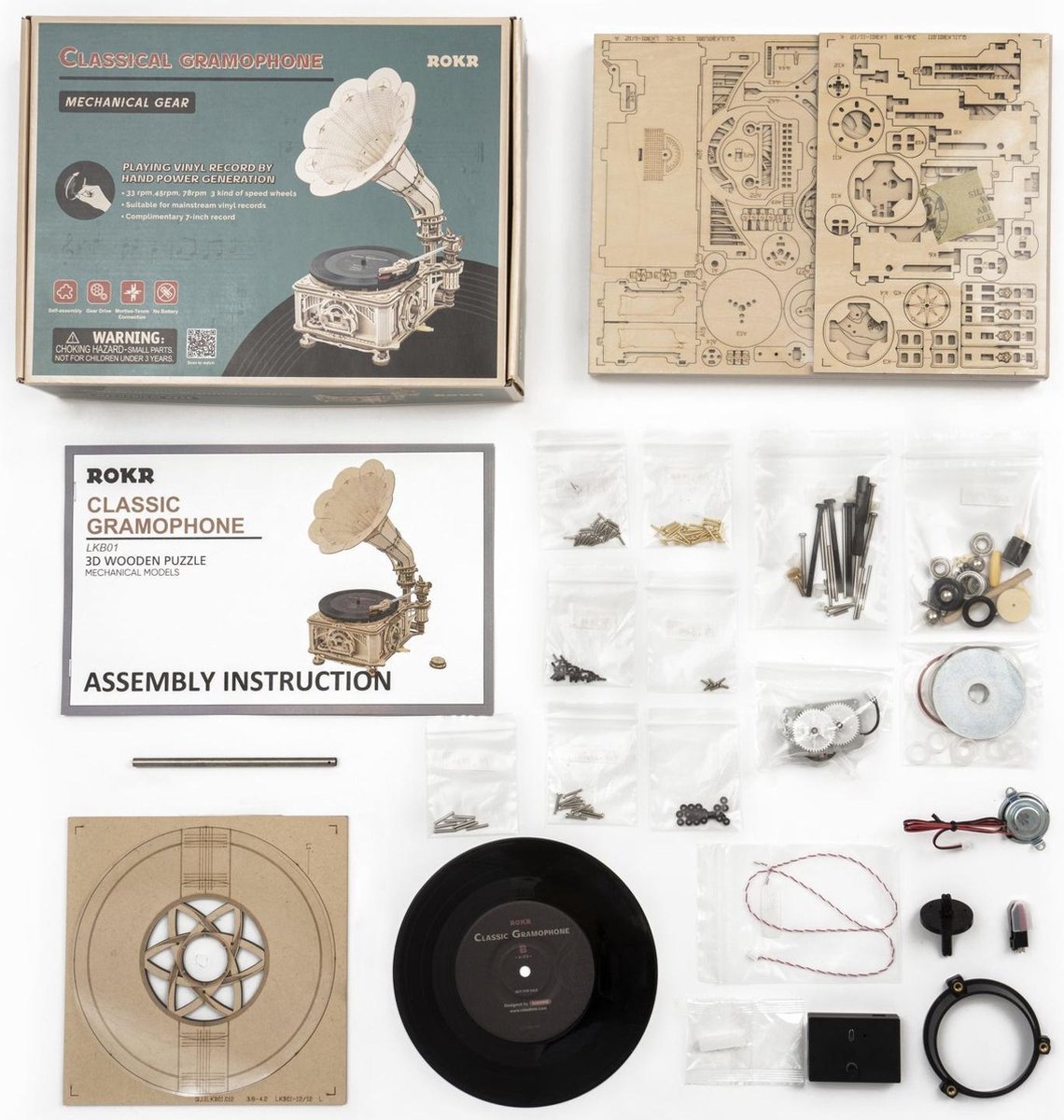 Robotime bouwpakket Rokr platenspeler 22,6 x 26,1 x 42,9 cm hout