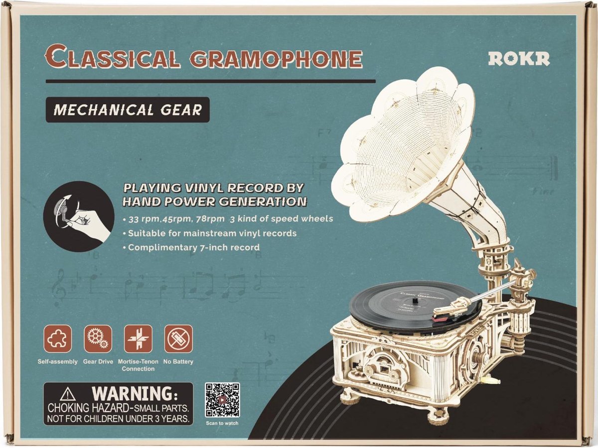Robotime bouwpakket Rokr platenspeler 22,6 x 26,1 x 42,9 cm hout